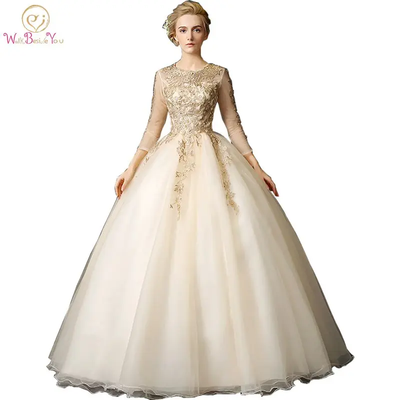 Walk Beside You золотые бальные платья vestidos de 15 anos дебютантные Бальные платья с кружевной аппликацией 3/4 Длинные рукава с бисером
