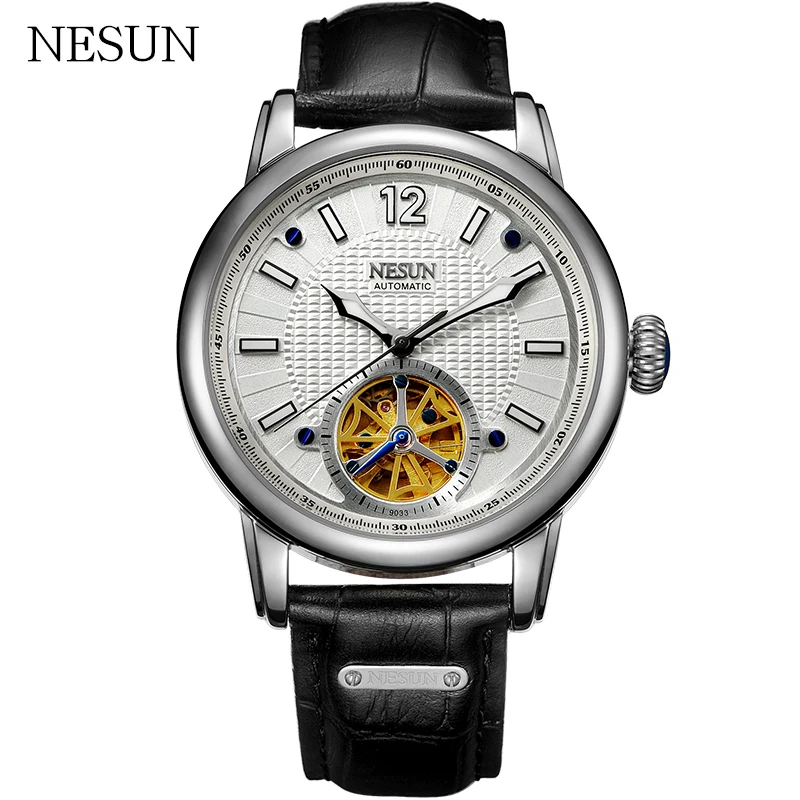 NESUN Men Simple Fashion Tourbillon Hollow Automatic Mechanical Wristwatches Waterproof Leather Watches Male Relogio Masculino | Наручные