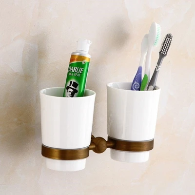 Double Cup Holder Античные аксессуары для ванной комнаты, латунный держатель для туалетной бумаги, держатель для полотенец, кольцо, настенный набор для ванной - Цвет: Double Cup Holder