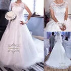 Бальное свадебное платье с коротким рукавом, свадебные платья со шнуровкой сзади, кристаллы, кружевные аппликации размера плюс, свадебные вечерние платья