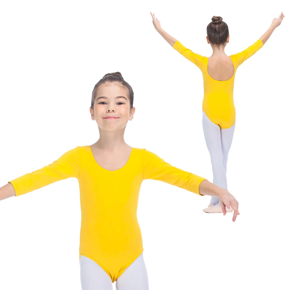 

Yellow 3/4 Sleeves Ballet Dancing Leotard with Drawsting Front Cotton/Lycra Made for Girls and Kids Full Sizes