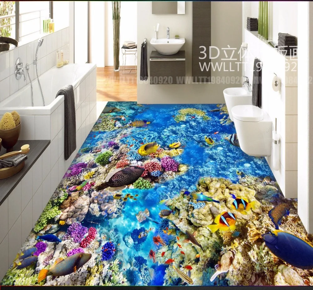

Free Shipping Underwater World Tropical Fish Coral 3D Floor Tile wear non-silp home decoration living room floor wallpaper mural