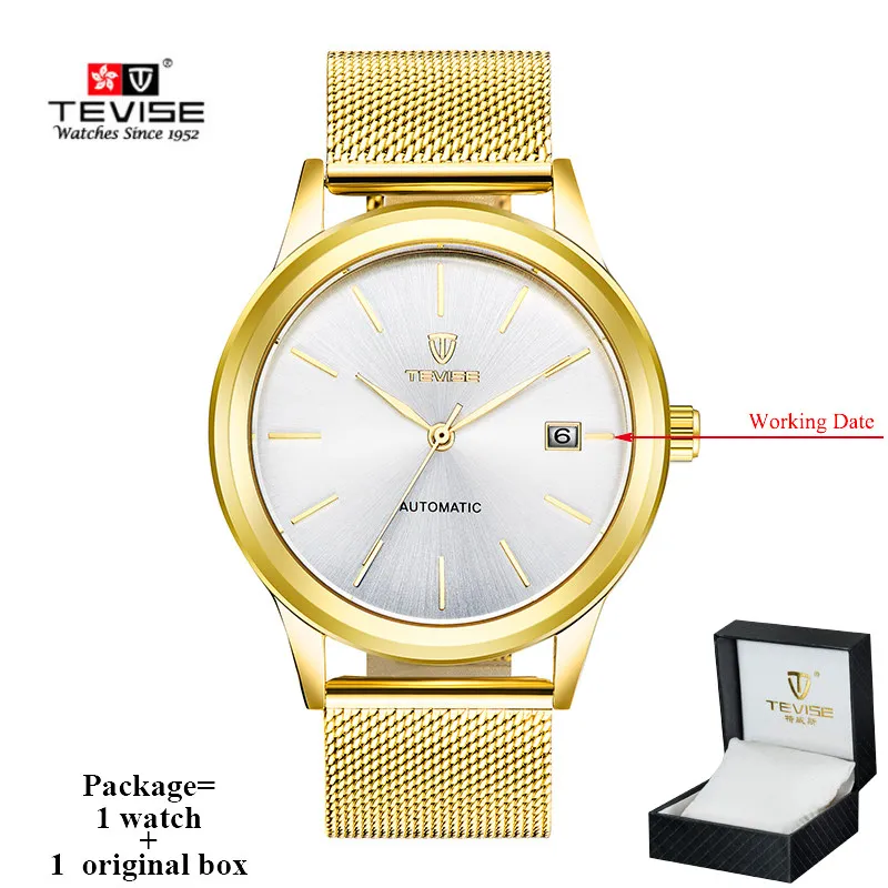 gold white n box TEVISE роскошные часы лучший бренд Мужские механические самостоятельно ветер часы Человек сетки Нержавеющая сталь Авто Дата Наручные часы 9017 - Цвет: gold white n box