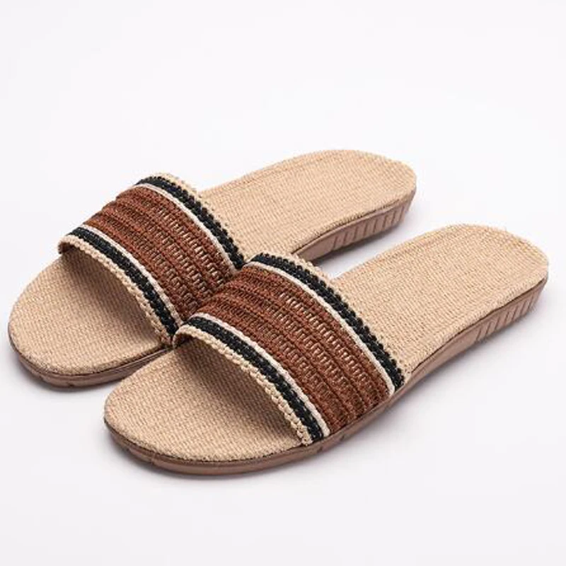 

New Men's Summer Indoor Linen Slippers Outdoor Beach Linen Flip Flops Indoor Hotel Home Shoes Boy's Striped Sandals Men Slides