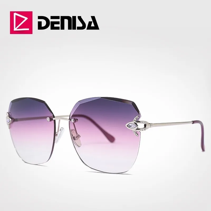 GrayPink Sunglasses DENISA, роскошные брендовые Большие женские солнцезащитные очки, стразы, без оправы, женские солнцезащитные очки, Дизайнерские летние очки G31277 - Цвет линз: GrayPink Sunglasses