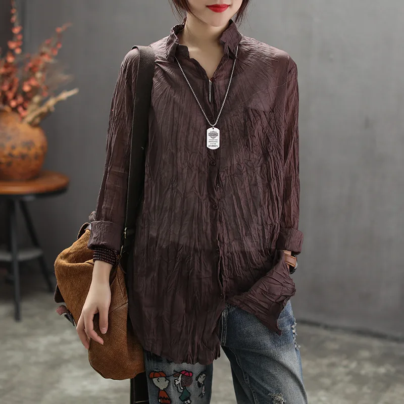 Spring Blouse Retro Loose Casual Women Shirt Tops Turn-down Collar Cardigan Button Solid color 2019 New Ladies |