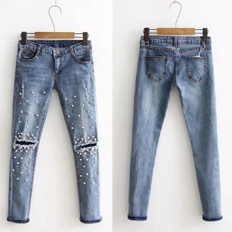 WZYCHDS Women Fashion Destroyed Ripped Blue Jeans pearled Slim Denim Pants Boyfriend 2018 New Woman Trousers |
