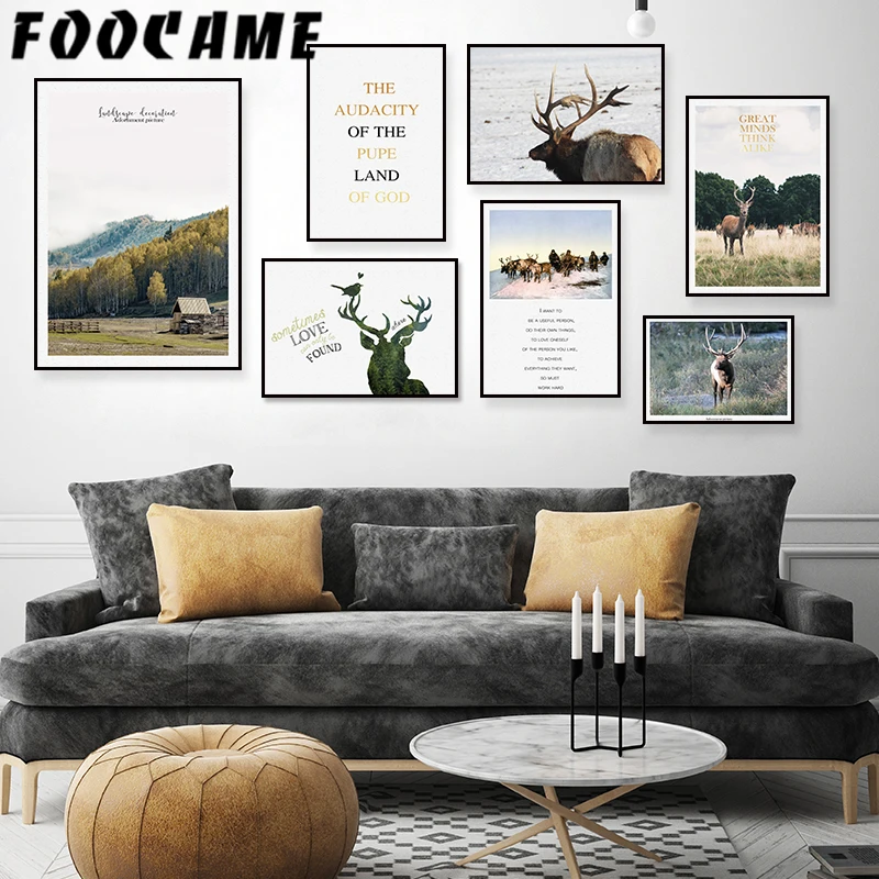 

Deer Elk Grass Mountain Nordic Wall Art Canvas Print Landscape Painting Nature Scenery Forest Pictures Quote Poster Home Decor