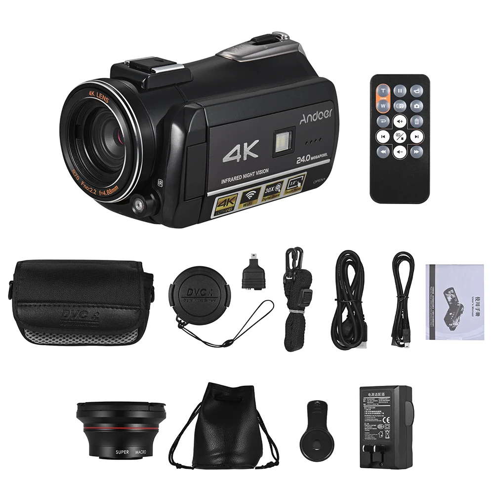 Цифровая видеокамера Andoer AC3 4K UHD 24MP IR 3 0 &quotс ЖК экраном и креплением для горячего