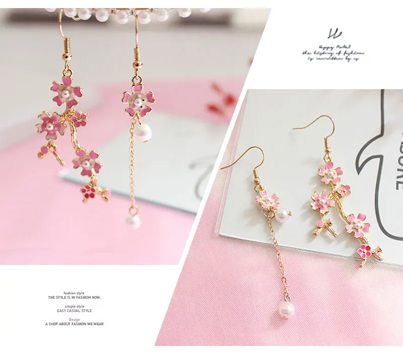 SANSUMMER Sakura, Женские Висячие серьги,, дизайн, длинные серьги, асимметричная индивидуальность, для девушек, цветок, висячие серьги, 6667