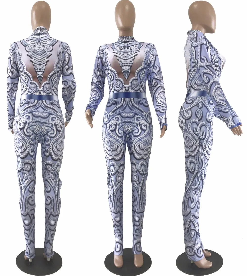 Женские Пейсли Винтаж 3d печатных Длинные рукава bodycon Высокая талия узкие длинные Комбинезоны клубный вечерний комбинезон 3 цвета LZ-476