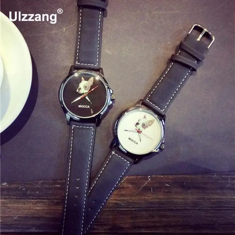 Модные милые кожаные противоударные черные кварцевые наручные часы MOCCA Dog для