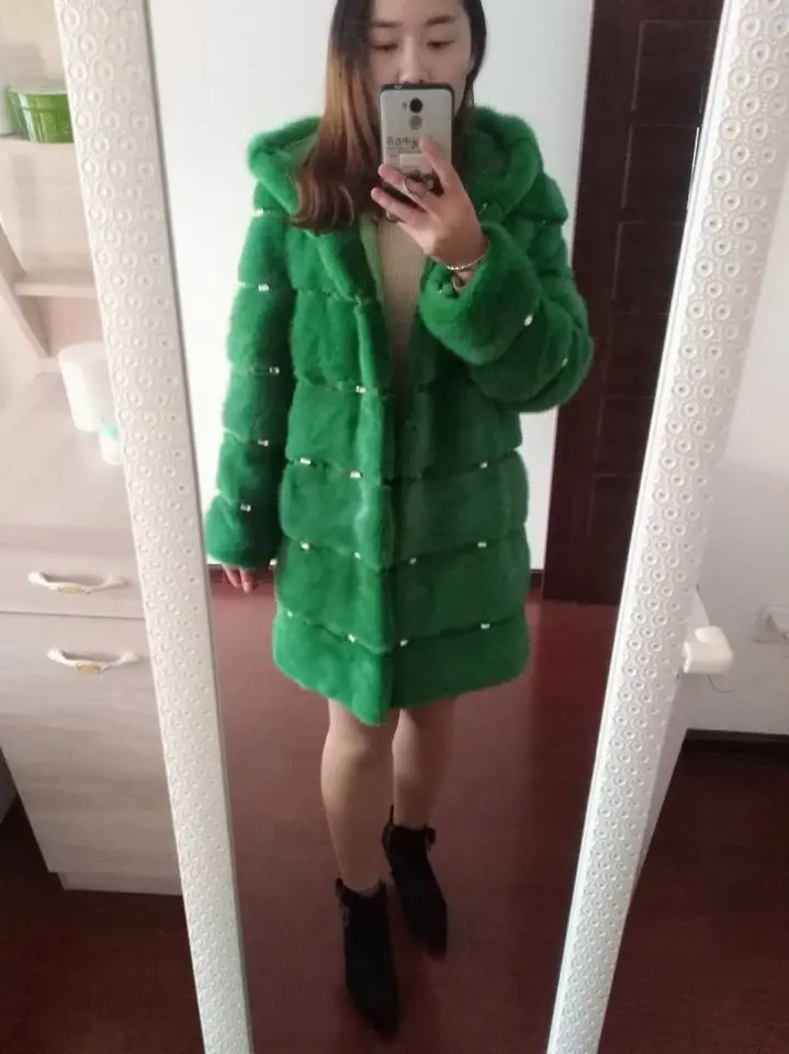 Норковая кожа, натуральный мех, Круглый ворот, длинное, новая мода, для молодых женщин, цельное пальто с капюшоном, Осень-зима, популярная, тонкая норковая Меховая куртка - Цвет: green