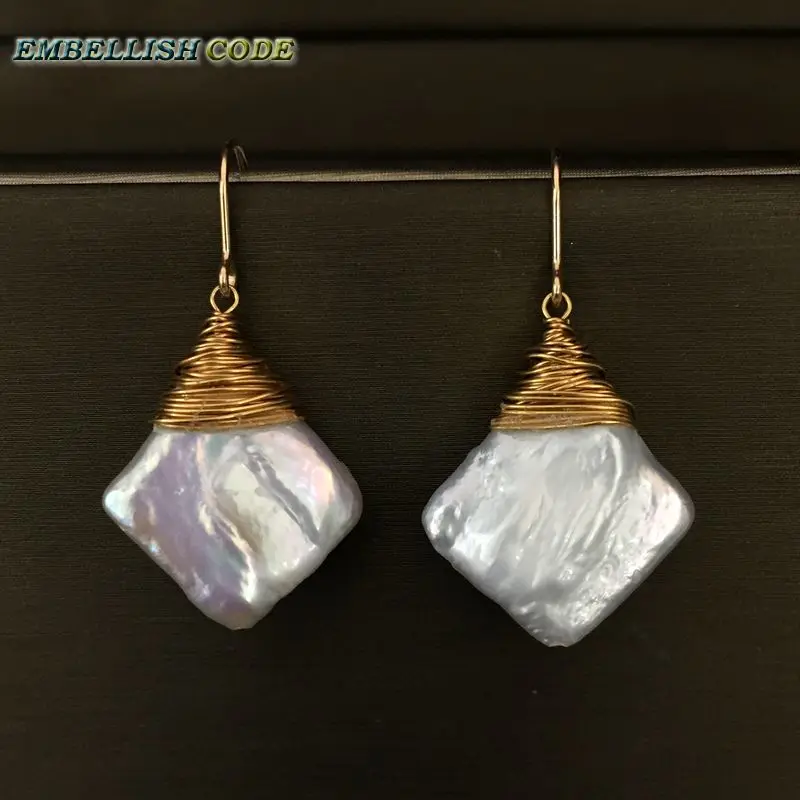 

NEW 2018 Dazzling hand made pearls Gold plated hook dangle earring baroque pearl flat block square shape white gift for women