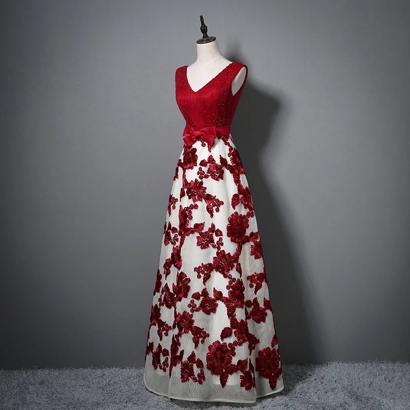 Vestido de festa, Новое поступление, платье с v-образным вырезом, с кружевом, бусинами, бантом, аппликацией, Длинные тюлевые вечерние платья,, розовое, красное