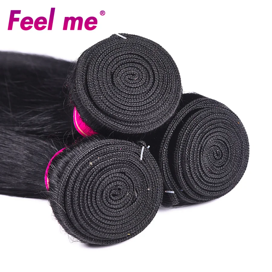 FEELME волос предварительно цветные Jet Black прямой человеческих Связки с закрытием