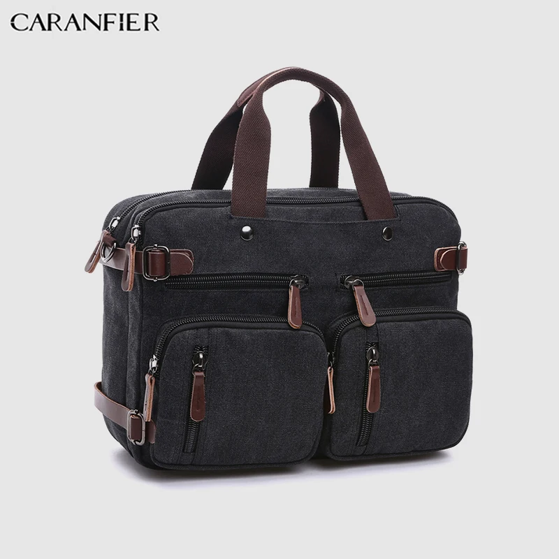 Black CARANFIER мужской портфель бизнес холщовая двухслойная сумка-мессенджер многофункциональная Большая вместительная сумка для ноутбука двойная сумка через плечо - Цвет: Black