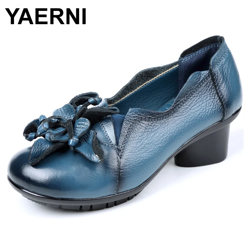

YAERNI 2022Retro Style Handmade Shoes Women Thick With Heels Pumps Round Toe High Heels Genuine Leather E528