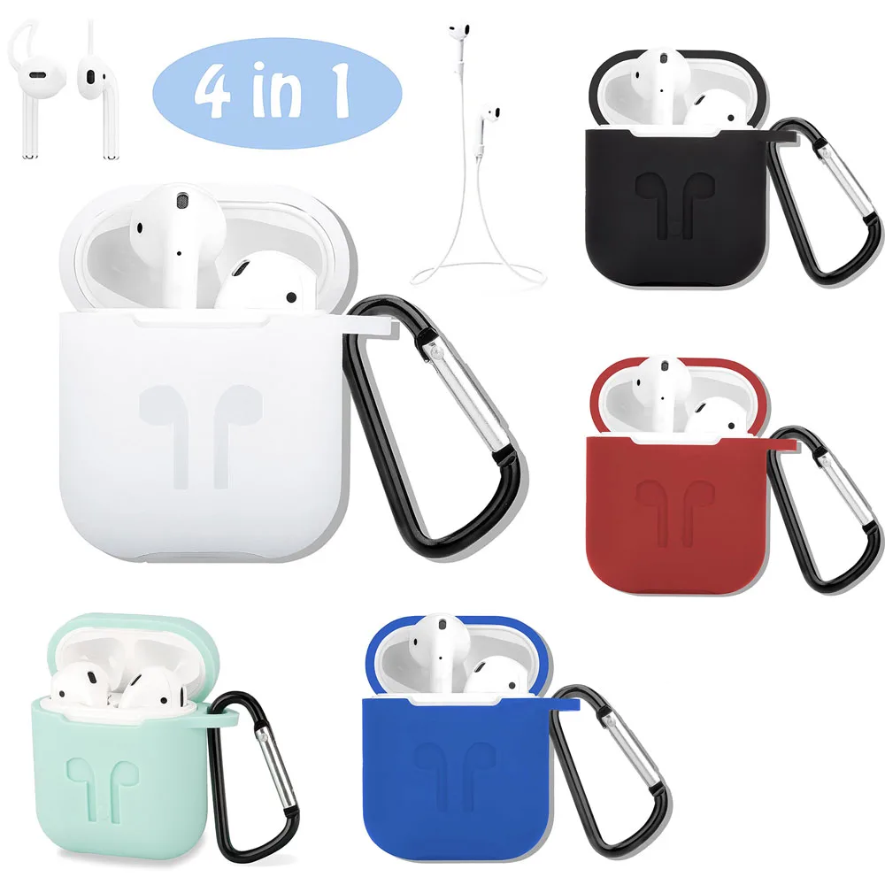 4In1 Function Case For Earpods Silicone Pouch Box+Anti-Lost Headphone Strap+Ear Cover Hooks+Carabiner Keychain Apple AirPods | Мобильные