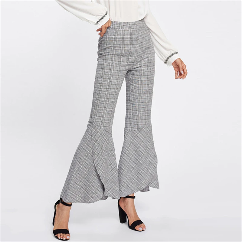 Новые женские клетчатые расклешенные брюки элегантные Стрейчевые с высокой