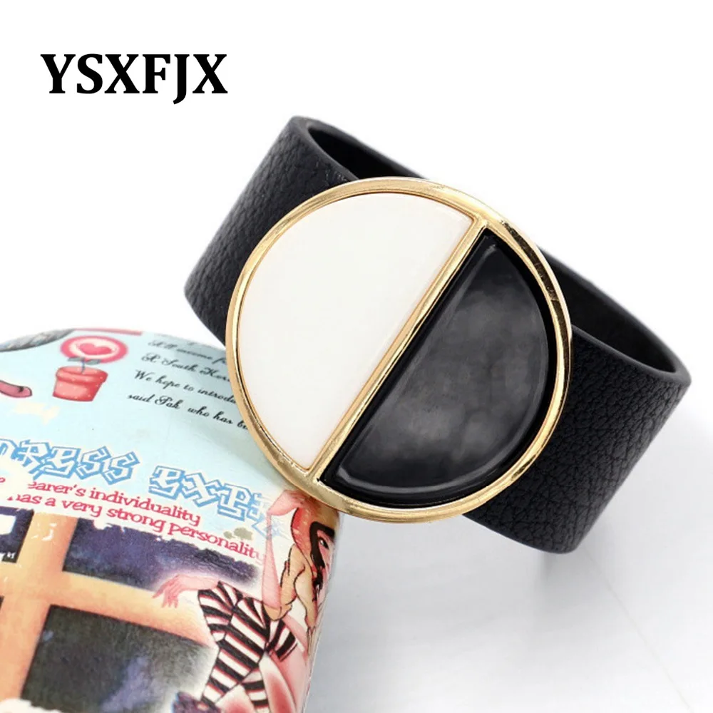 YSXFJX Exaggerated big wild personality geometric wide bracelet black and white leather fashion female | Украшения и аксессуары