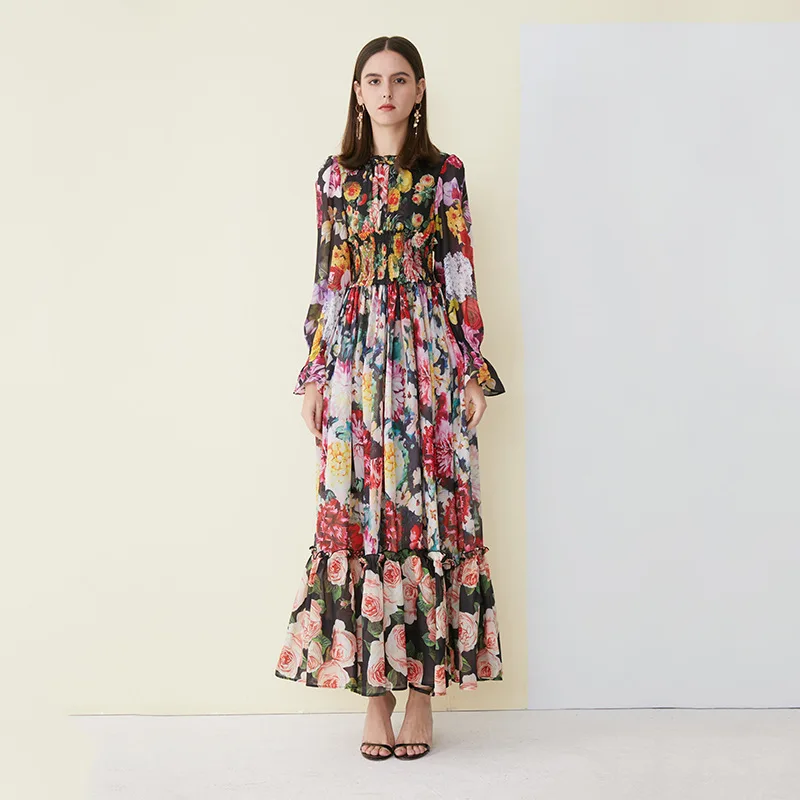 

Chic women's long dress 2019 spring summer floral print long sleeves chiffon dress elegant princess dress G099