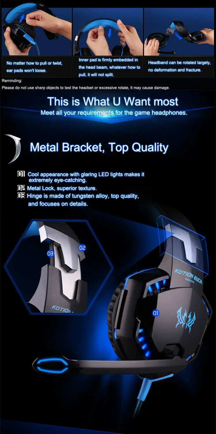 KOTION EACH G 2000 Игровые наушники, игровая стереогарнитура, проводные наушники, глубокий бас, с микрофоном, светодиодный, с шумоподавлением, для компьютера, ПК