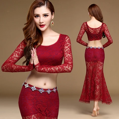 Dark red Женская одежда для танца живота, сексуальная одежда для танца, костюм из спандекса для практики, кружевной наряд для танца живота, топ, юбки - Цвет: Dark red