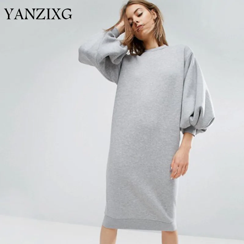 2019 Новое весеннее модное женское платье с рукавами фонариками серого цвета