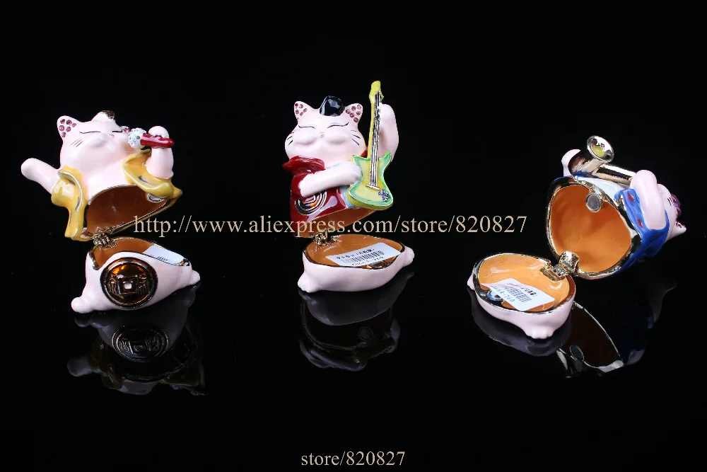 Vintage Cat Trinket Box Beautiful Jeweled Pewter Cat Playing Guitar Jewelry Box