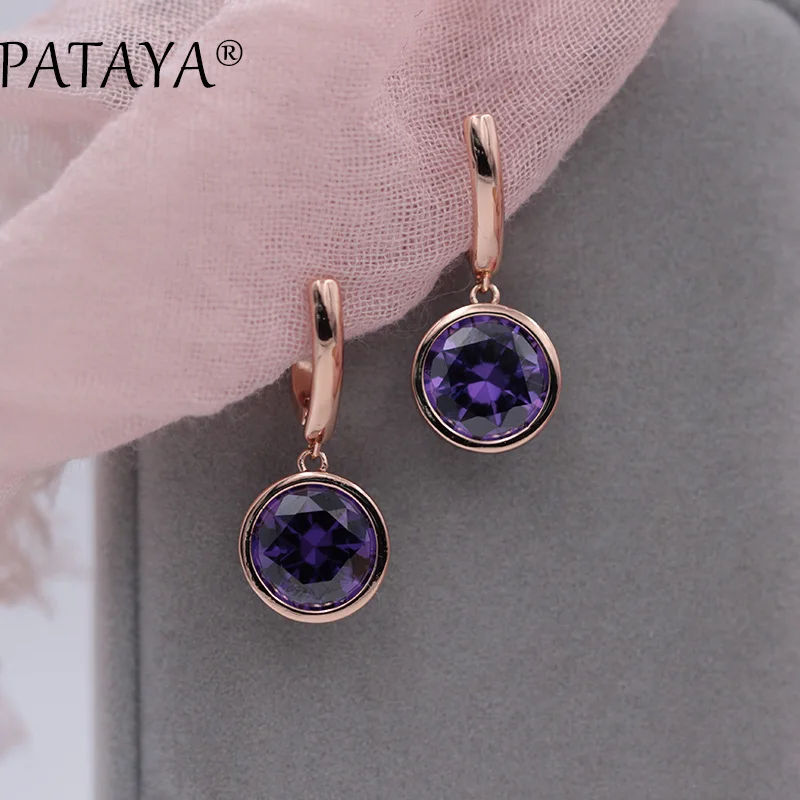 PATAYA Новые Модные Разноцветные серьги 585 розовое золото фиолетовый круглый натуральный кубический цирконий висячие серьги женские роскошные серьги