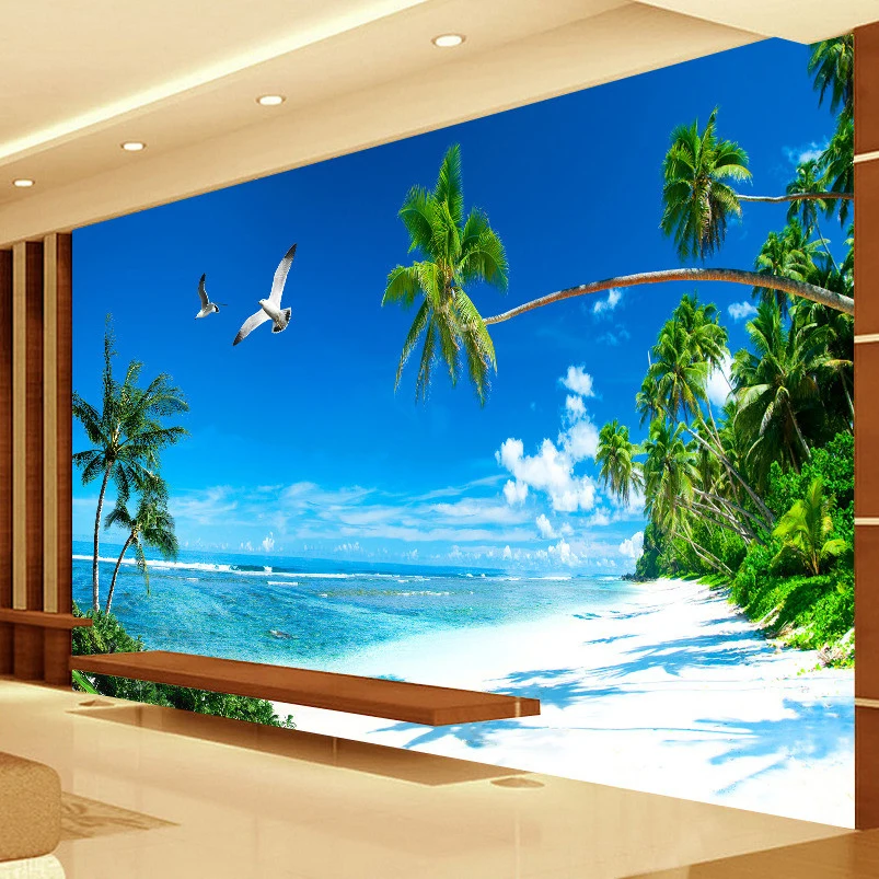 

Custom 3D Room Landscape Wallpaper Scenery For Wall Seaside Sunny Beach Blue Water And White Cloud Wall Mural Bedroom Wall Paper