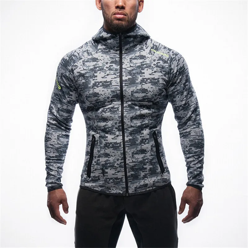 WY-5 Blue camouflage Спортивные мужские толстовки с капюшоном для бодибилдинга, камуфляжная Толстовка для тренировок, облегающая куртка для фитнеса, уличные спортивные пальто, топы - Цвет: WY-5 Blue camouflage