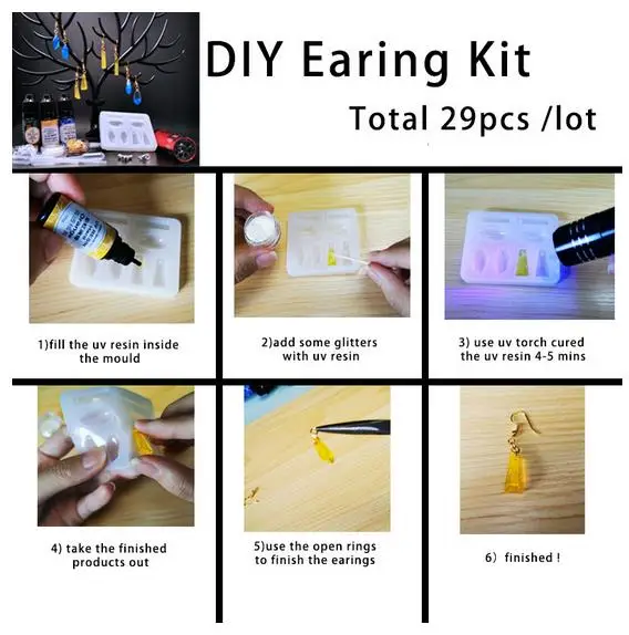 27 шт./компл. DIY серьги Набор для изготовления УФ Смола пресс-форма для литья из силикона для изготовления ювелирных украшений подвесной зажим крюк Earrrings аксессуары пресс-формы