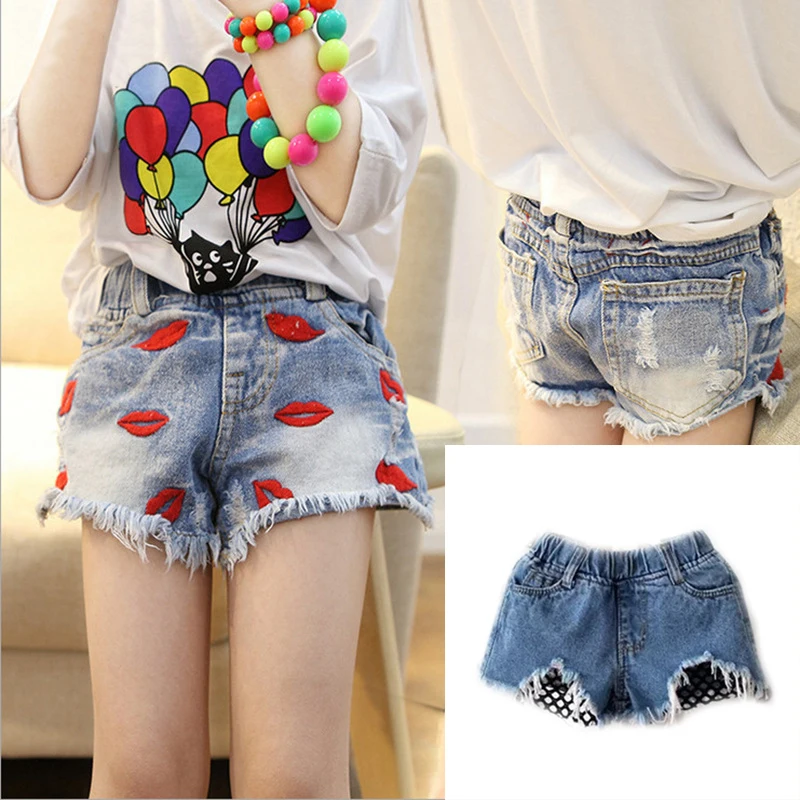 Летние кружевные шорты для девочек милые джинсовые с дырками короткие брюки