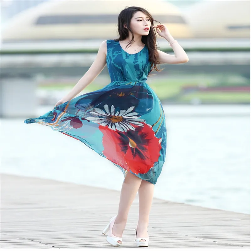 

2017 European Latest Fashion Elegant Big Yards Women Summer Dress Printing Round Collar Sleeveless Sexy Slim Chiffon DressQ0052