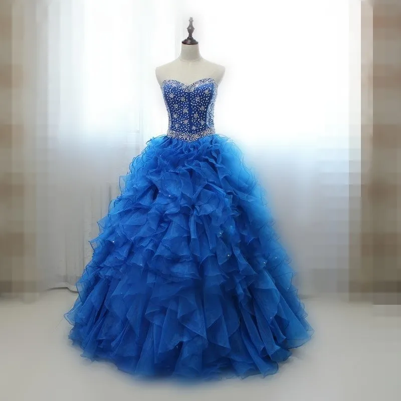 Королевский синий Quinceanera платья Сладкие 16 Принцесса органза Кристалл бисера