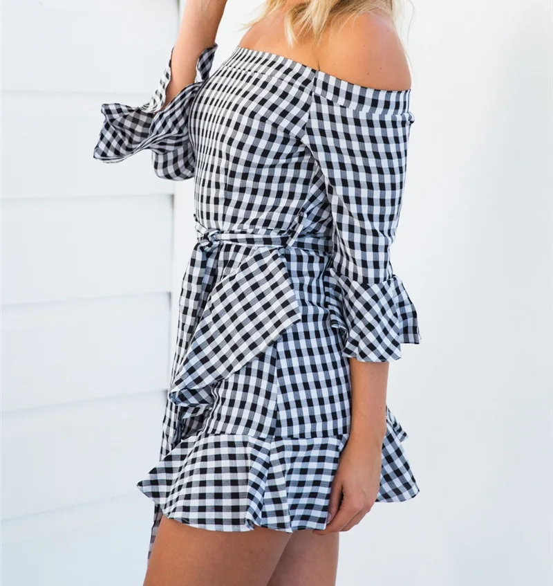 2017 высокое качество пикантные плед мини пляжное платье женские с плеча Новая