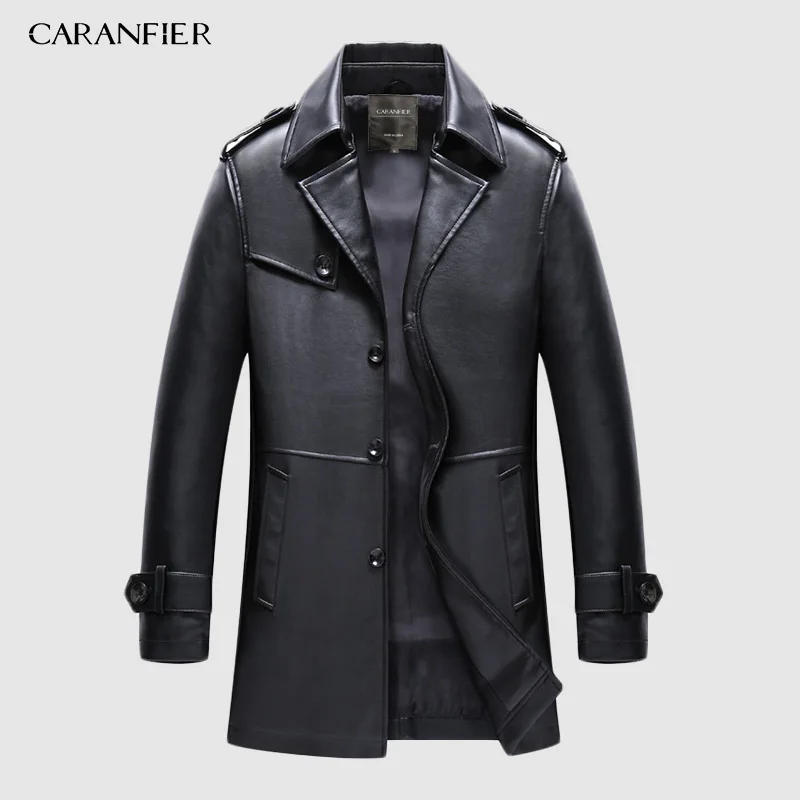 Новинка модный мужской длинный Тренч CARANFIER из искусственной кожи мотоциклетная