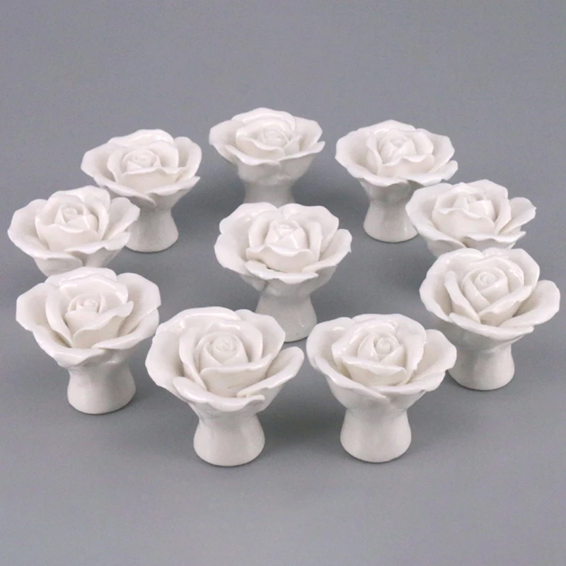 10Pcs Hand-Made Vintage Ceramic Cabinet Door Rose Flower Pull Handle Knob Drawer Pulls & Handles White Knobs Furniture Pu |
