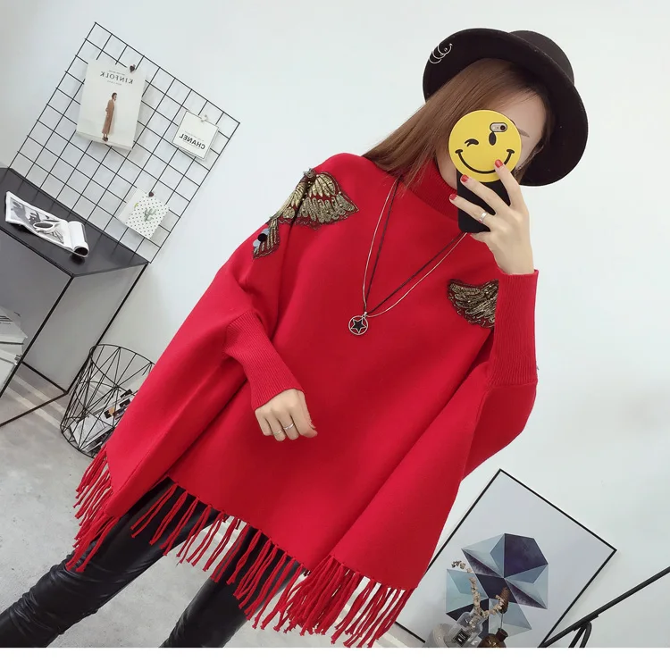 W002122 red Новинка Осень Зима Подиум черный серый вышитые бисером пончо и накидки-пуловеры вязаный шерстяной свитер женское рождественское пальто 2122 - Цвет: W002122 red