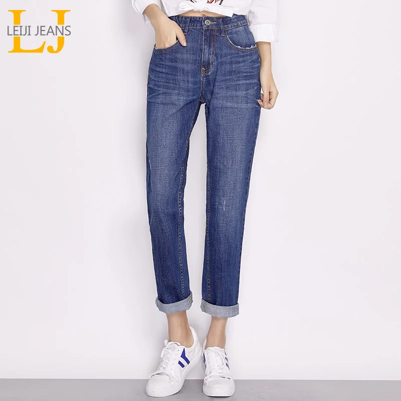 LEIJIJEANS женские потертые джинсы бойфренда с низкой эластичной талией синие повседневные классические женские прямые джинсы размера плюс 6476 - Цвет: blue 6476