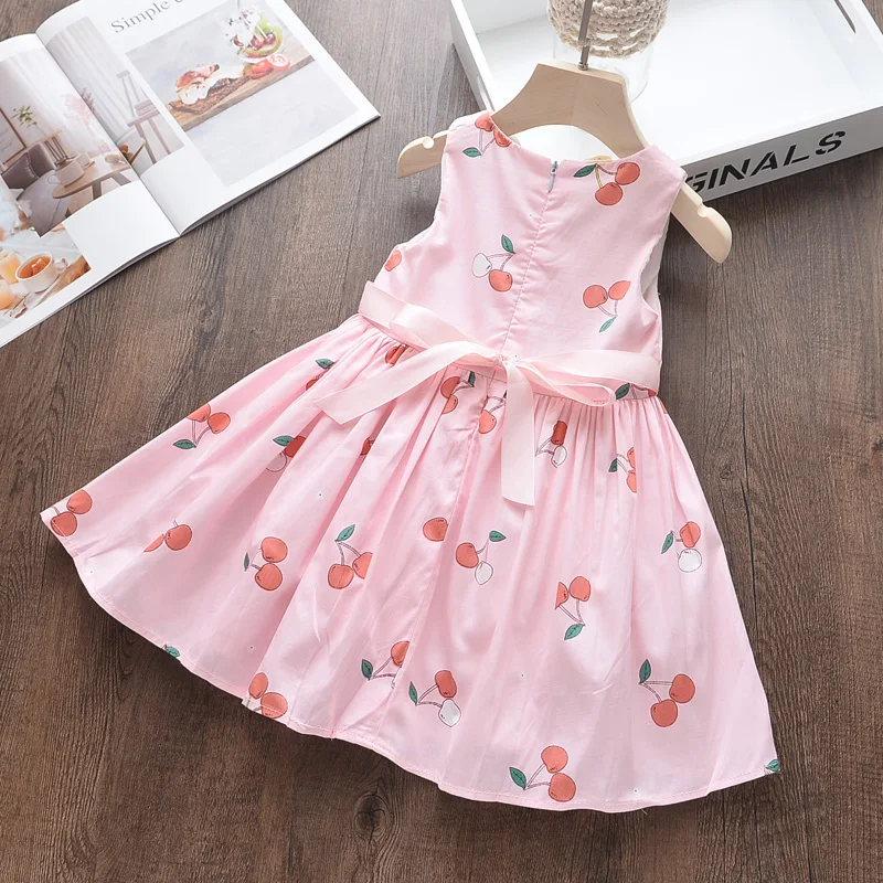 Girl Summer Cotton Dress Cherry Print Kids Wholesale Lots Bulk Clothes Toddler A-line Bow Party Frocks Dresses Sleeveless | Детская