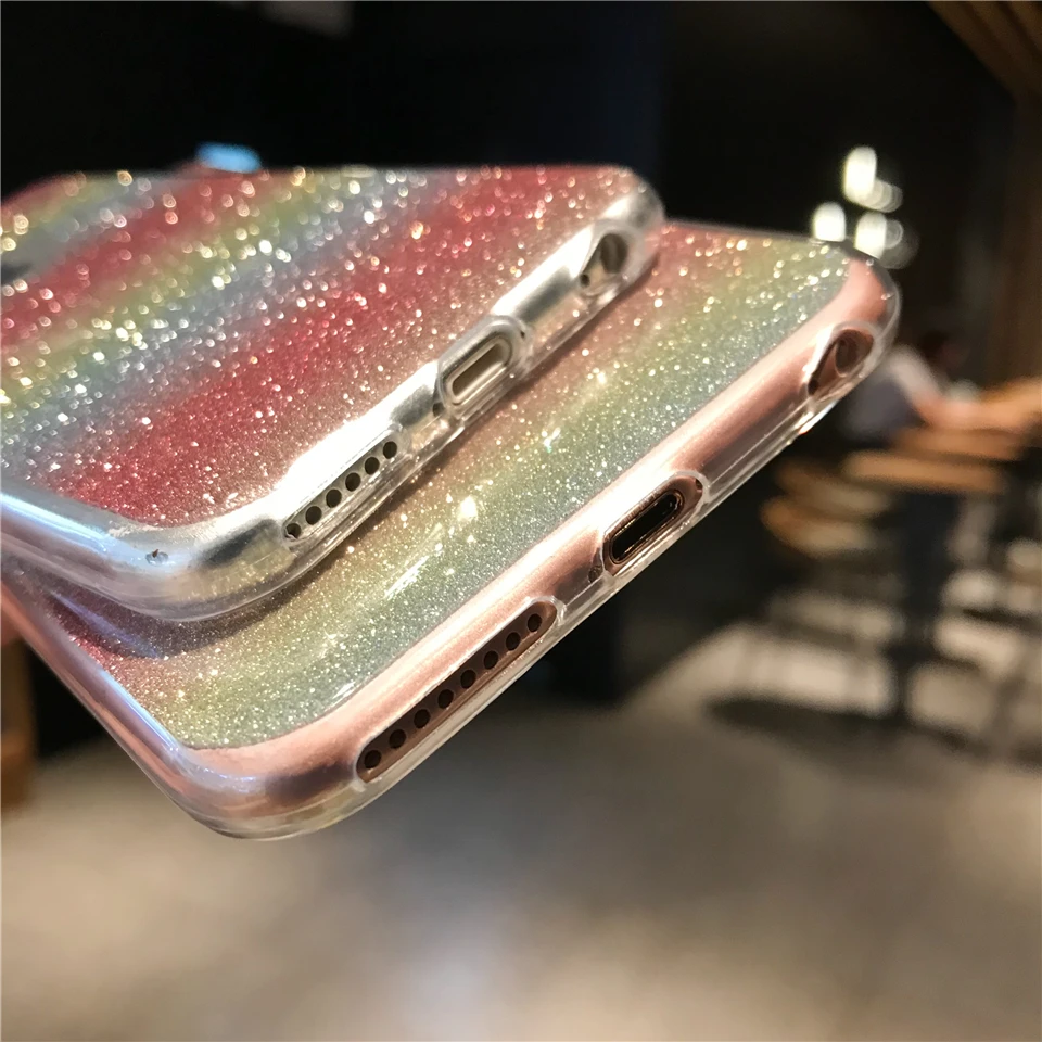 Блеск 2 в 1 Rainbow Чехол для iPhone 7 Plus SE 6 s 8 X XR XS MAX huawei Коврики 20 10 Lite p20 P10 Honor 8X ТПУ чехол