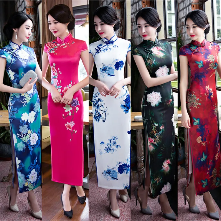 Традиционное современное китайское платье Ципао cheongsam свадебное платье для женщин летнее женское длинное красное зеленое черное размера плюс шелк