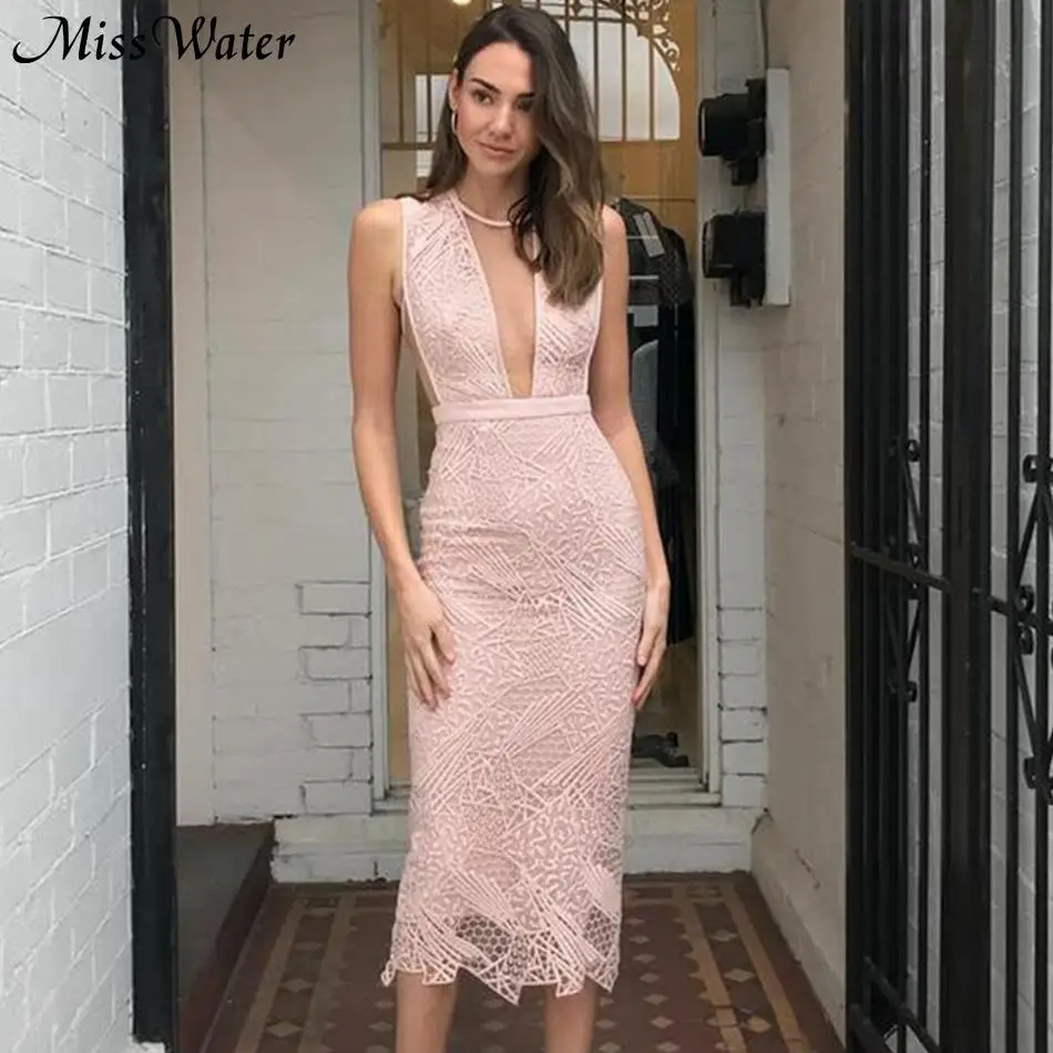 

Miss Water Newest Celebrity Party Bodycon Bandage Dress Women Pink Sleeveless O-Neck Sexy NightClub Lace Dress Women Vestidos
