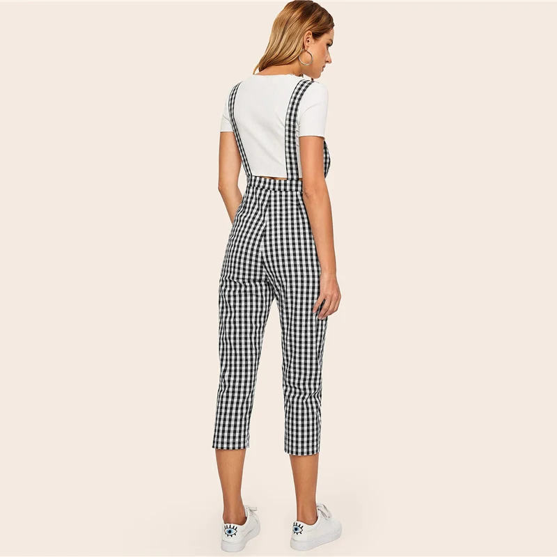 Dotfashion черно-белый комбинезон в мелкую клетку с карманами по бокам для женщин весна лето консервативный комбинезон без рукавов на бретелях