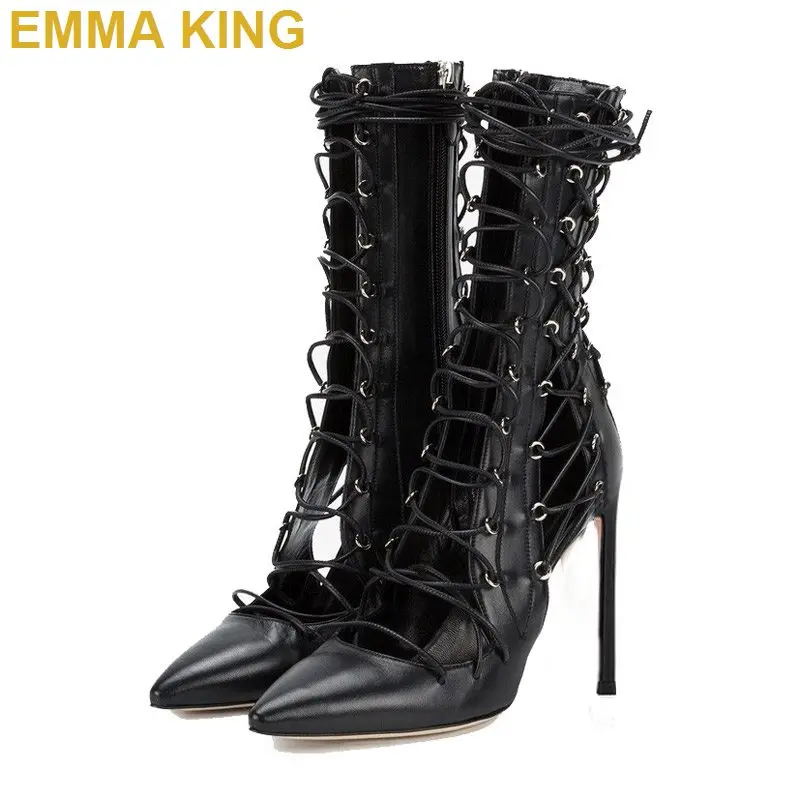 Beli Sepatu Bot Pergelangan Kaki Musim Panas Berenda Seksi Sepatu Kulit PU Hitam Sepatu Bot Sandal Potong Hak Tinggi Stiletto Wanita Simpul Silang Ukuran 35-43