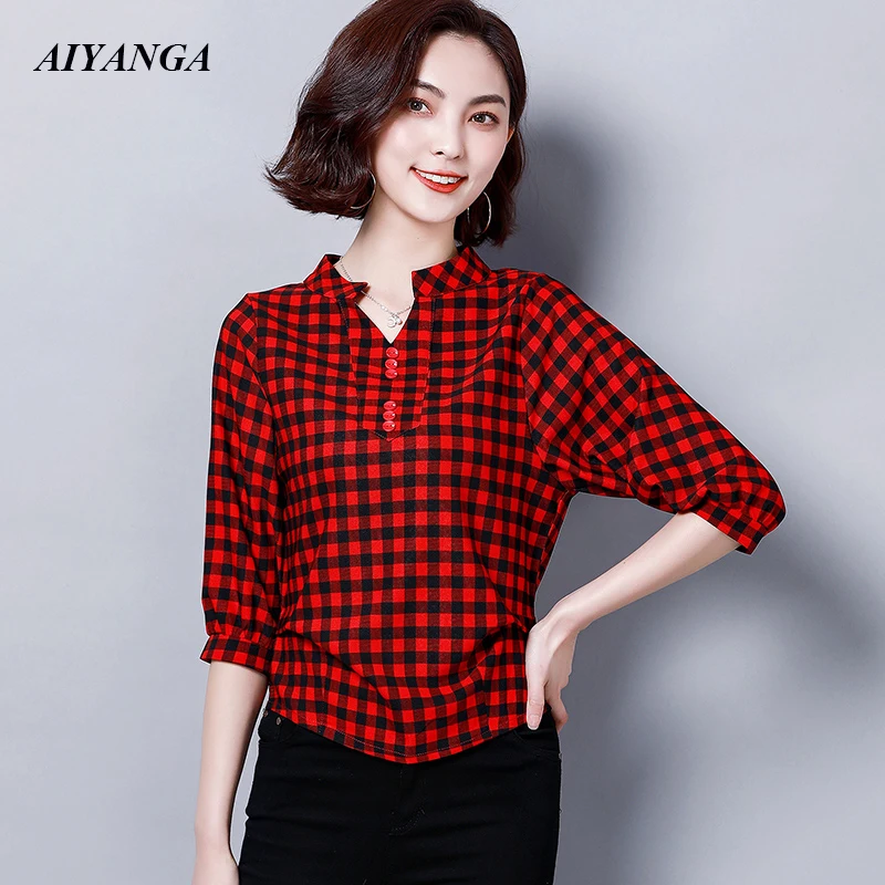 M L XL 2XL 3X 4XL 2019 Womens Tops and Blouses Cotton Red and Black Plaid Shirt Casual Female Plus Size Blouse Tops Blusas