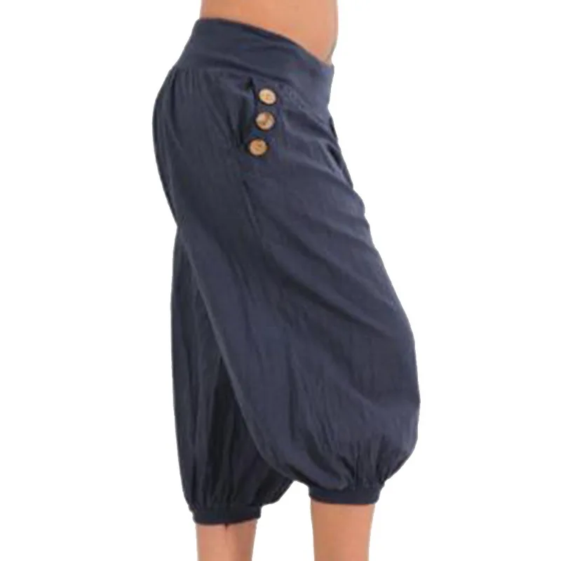 CALOFE Solid Loose Pants Women Summer Loose Wide Leg Pants Capris Bloomers Trousers Knee Length Female Bottoms Plus Size